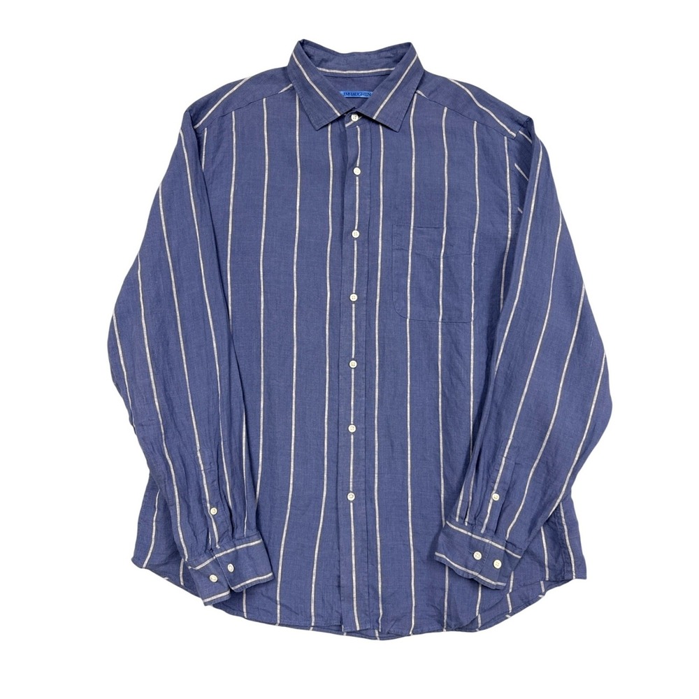 J.McLaughlin Button Up Mens XL Blue Striped 100% Linen Long Sleeve Casual Shirt